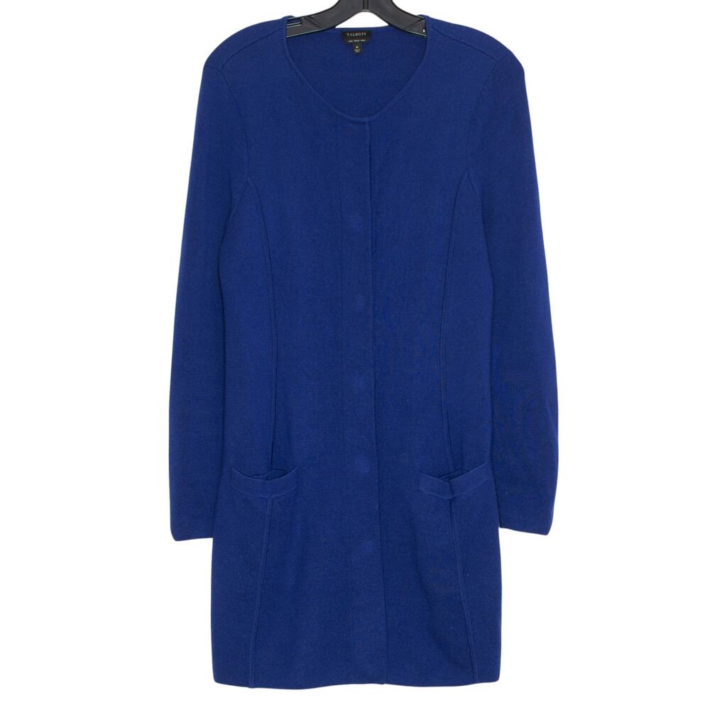 Talbots Cardigan Sweater Wool Quiet Luxury Minimalist Old Money Blue Size Medium